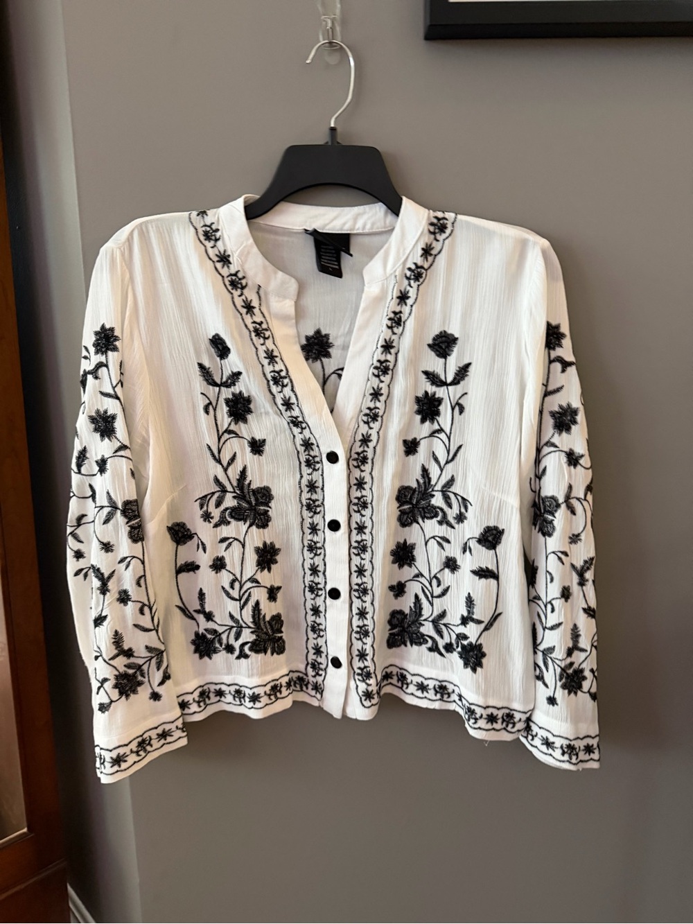 White Button-Front Blouse with Black Floral Embroidery